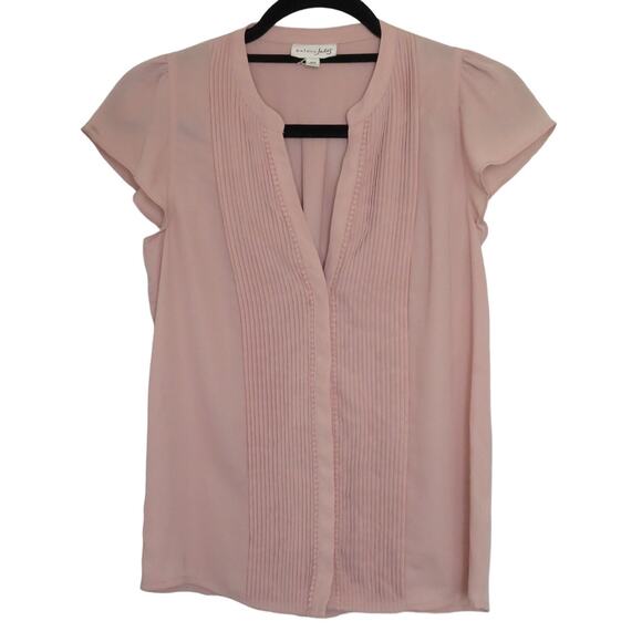 Maison Jules Short Sleeve Top Button Front V-Neck Blouse Pink Size XS - Picture 1 of 9